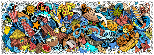 Summer beach hand drawn cartoon doodles illustration.