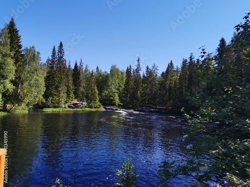Fototapeta Naklejka Na Ścianę i Meble -  A picturesque waterfall on the Tokhmayoki River in Karelia surrounded by trees on a clear summer morning.