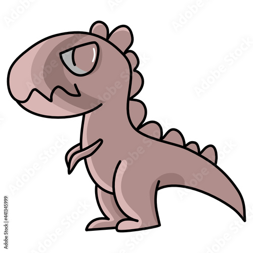 A cute small brown dinosaur is standing on a white background.