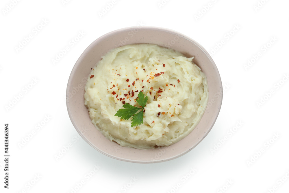 Plate of mashed potatoes isolated on white background Plate of mashed potatoes isolated on white background