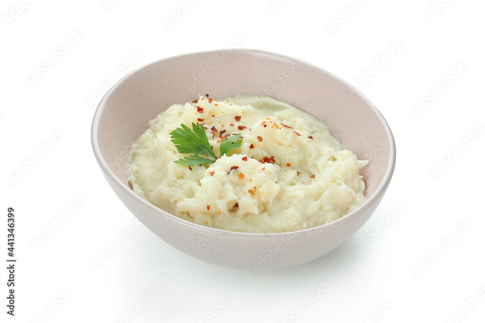 Plate of mashed potatoes isolated on white background Plate of mashed potatoes isolated on white background