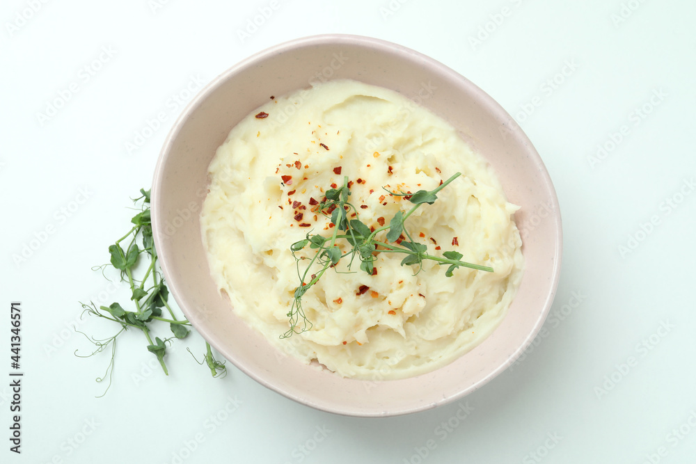 Plate of mashed potatoes on white background Plate of mashed potatoes on white background