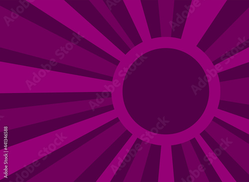 Sunlight retro background with vintage round frame for text. Purple color burst background.