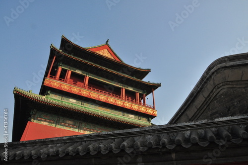 A corner of the ancient Chinese drum and bell tower during the golden sunset hour in winter. Beijing  China
