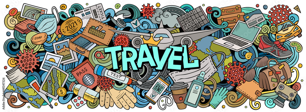 Travel hand drawn cartoon doodle illustration. Funny holiday design.