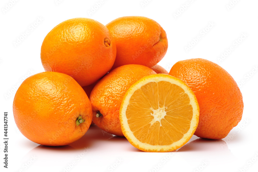 Whole orange fruit and his segments or cantles isolated on white background cutout Whole orange fruit and his segments or cantles isolated on white background cutout