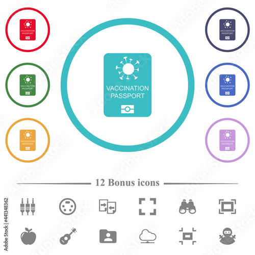 Vaccination passport flat color icons in circle shape outlines