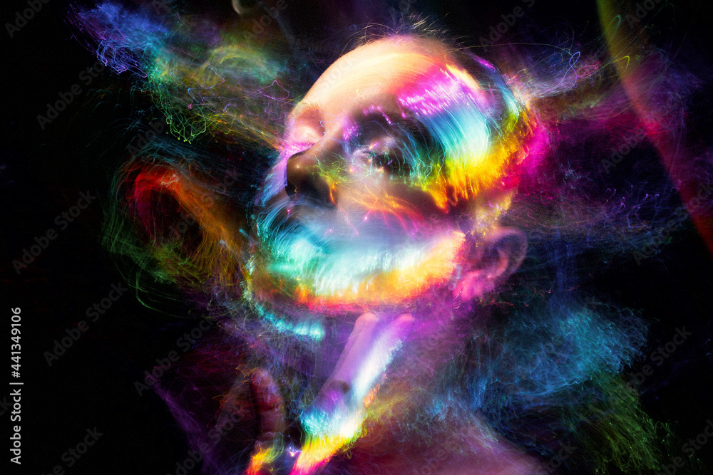 Portrait in the style of light painting. Long exposure photo, Abstract portrait in LGBT style - obrazy, fototapety, plakaty 