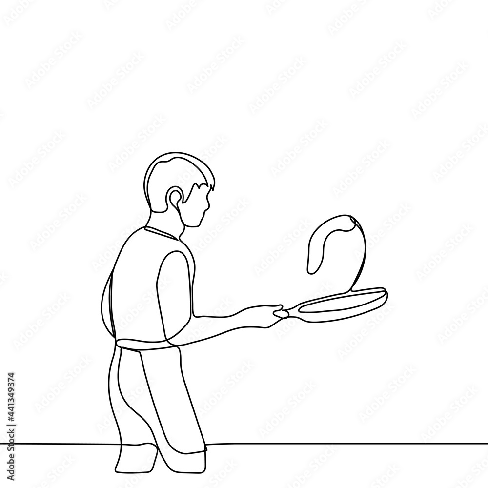 man threw a pellet or omelet from the frying pan right into the air to turn over - one line drawing. Professional cooking concept, man chef performs tricks with eating throw man threw a pellet or omelet from the frying pan right into the air to turn over - one line drawing. Professional cooking concept, man chef performs tricks with eating throw