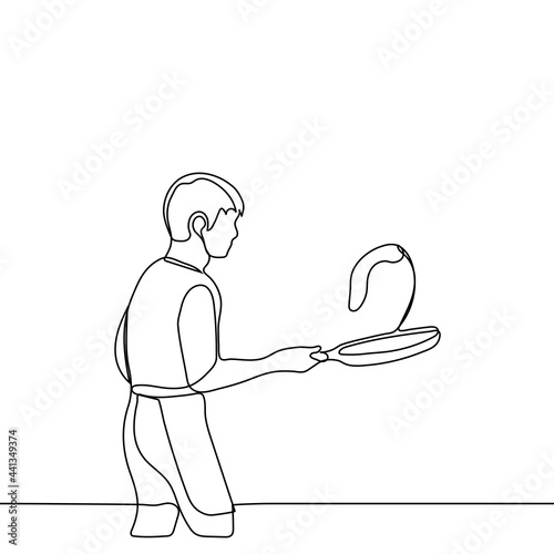 man threw a pellet or omelet from the frying pan right into the air to turn over - one line drawing. Professional cooking concept, man chef performs tricks with eating throw