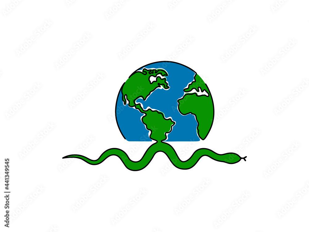 One continuous line drawing world concept. Simple planet and snake. The minimalist design of minimalism is isolated on white background.