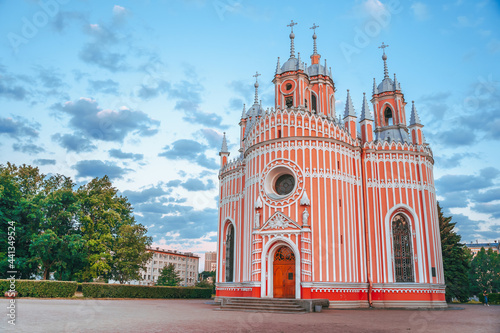 Beautiful panorama of the Chesma Church in the evening in summer, a tourist attraction in Saint Petersburg photo