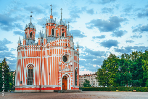 Beautiful panorama of the Chesma Church in the evening in summer, a tourist attraction in Saint Petersburg photo