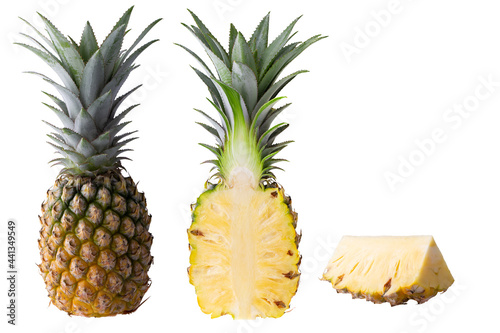 Pineapple fruit and Pineapple slices isolated on white background.