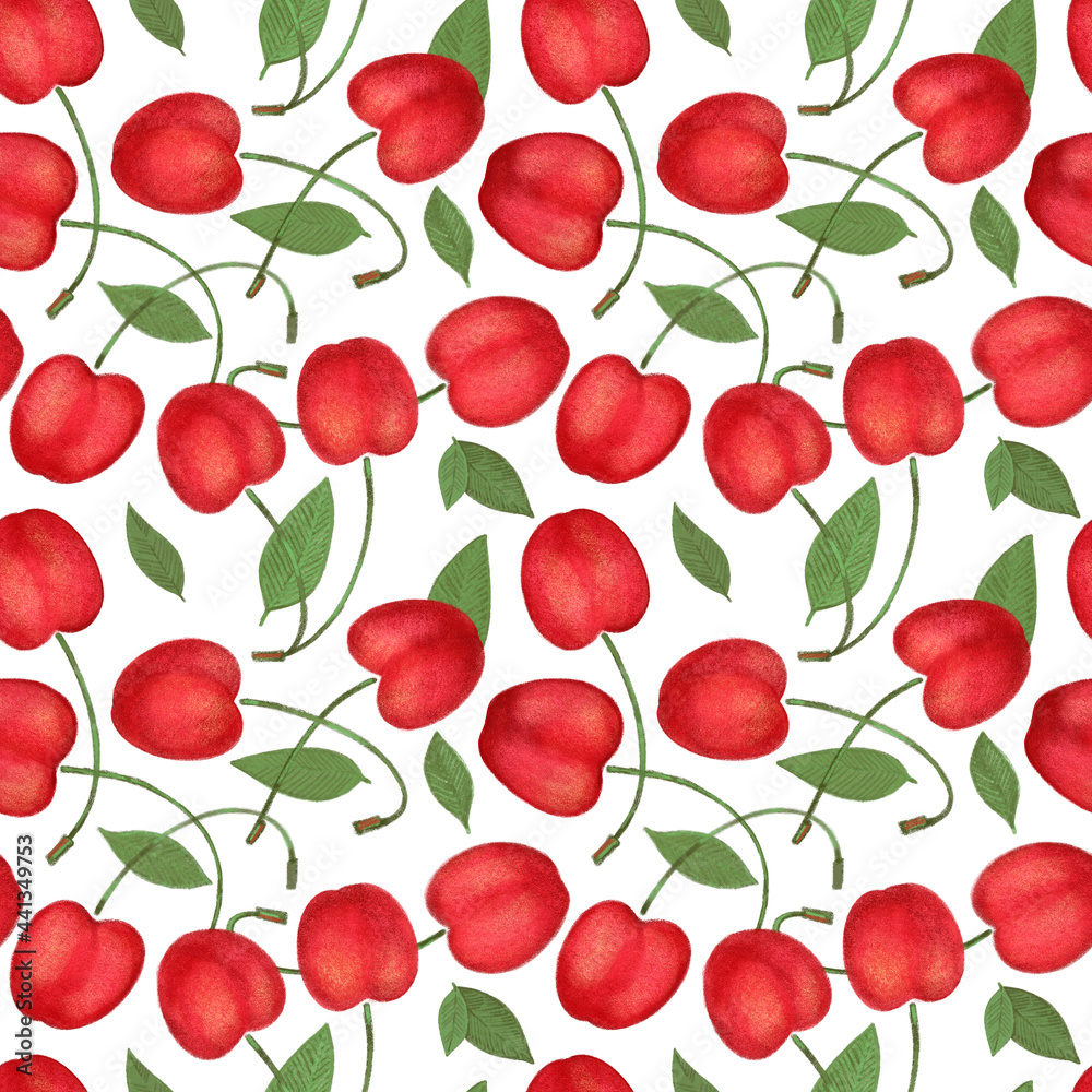 Crayon cherry with leaves seamless pattern. Hand drawn artistic sweet berry repeatable background with pastels. Cute Colorful stylish illustration for backgrounds, textiles, tapestries. Crayon cherry with leaves seamless pattern. Hand drawn artistic sweet berry repeatable background with pastels. Cute Colorful stylish illustration for backgrounds, textiles, tapestries.