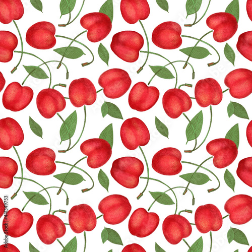 Crayon cherry with leaves seamless pattern. Hand drawn artistic sweet berry repeatable background with pastels. Cute Colorful stylish illustration for backgrounds, textiles, tapestries.