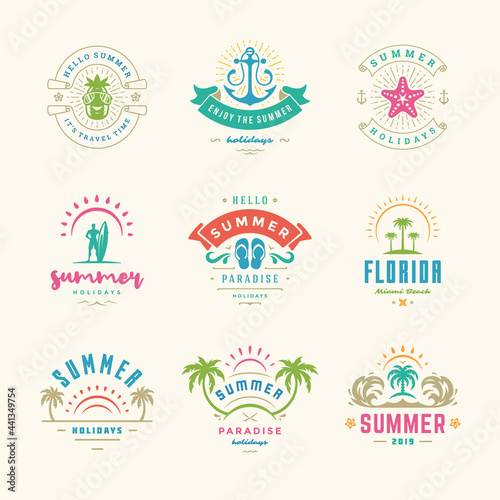 Summer holiday labels and badges retro design set