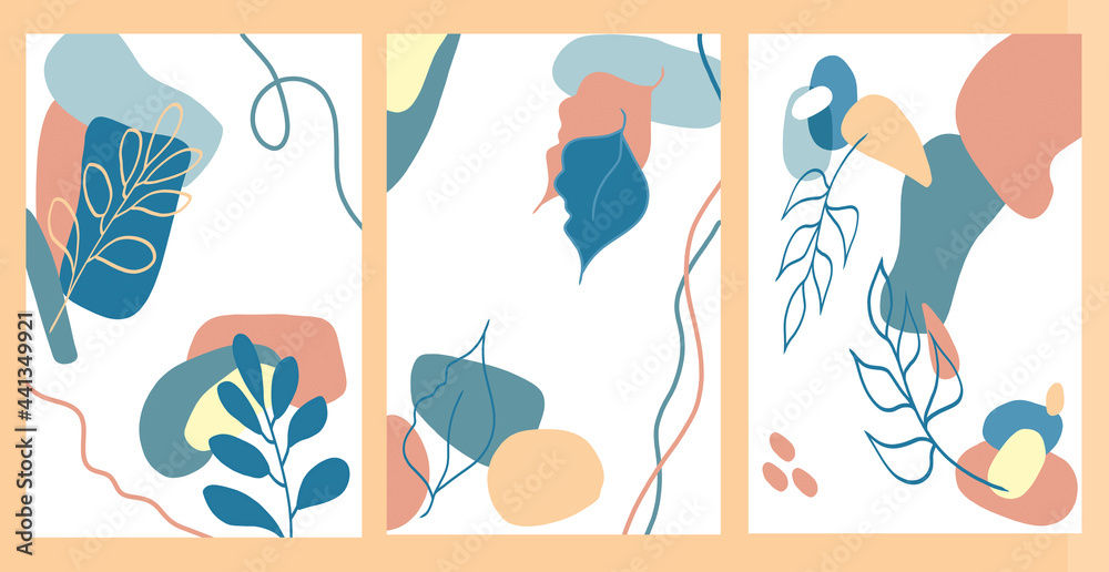 Set of abstract posters with simple leaves on a background of random colored spots and lines. For interior design, postcards, prints in a minimalistic Scandinavian style.
