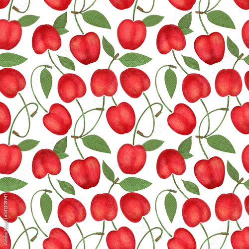 Crayon cherry with leaves seamless pattern. Hand drawn artistic sweet berry repeatable background with pastels. Cute Colorful stylish illustration for backgrounds, textiles, tapestries.