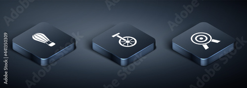 Set Isometric Hot air balloon, Target and Unicycle or one wheel bicycle icon. Vector