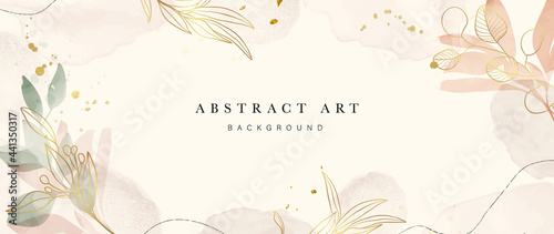Abstract art background vector. Luxury minimal style wallpaper with golden line art flower and botanical leaves, Organic shapes, Watercolor. Vector background for banner, poster, Web and packaging.