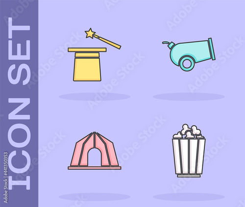 Set Popcorn in box, Magic hat and wand, Circus tent and Cannon icon. Vector