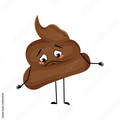 Cute shit character with sad emotions, downcast eyes, depressing face, arms and legs. The melancholy turd with eyes. Vector flat illustration