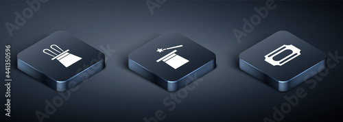 Set Isometric Magician hat and rabbit ears, Circus ticket and wand icon. Vector