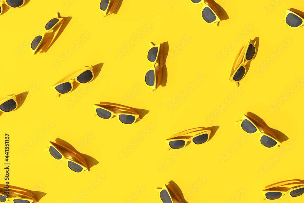Minimal trendy scene of yellow sunglasses pattern on background, Summer concept, 3D rendering.