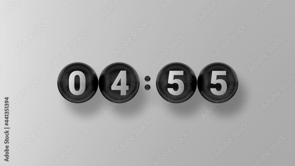 Countdown. Countdown 5 minutes. Black glossy ball. White background ...
