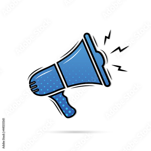 Megaphone icon. Loud announce. Blue loudspeaker sign. Shout in speaker. Bullhorn alert. Noise speaker. Speak news announcement. Loud sound horn. Notify icon isolated on white background. Voice. Vector