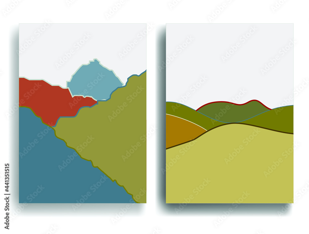 Poster with mountain landscape in Boho style .Minimal design with grange elements . Trendy brochure . Vector illustration .