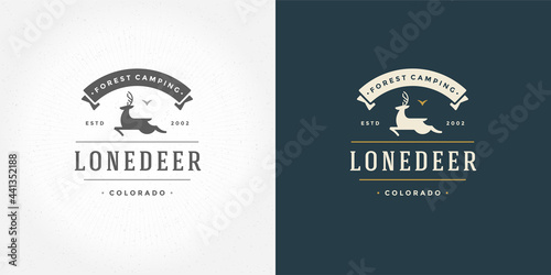 Deer with horns logo emblem vector illustration reindeer silhouette for shirt or print stamp