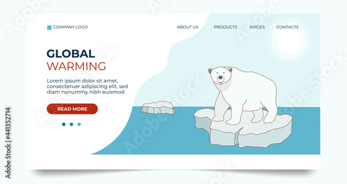 Landing page template about global warming and climate change. A polar bear swims on an ice floe in the Arctic. Vector illustration