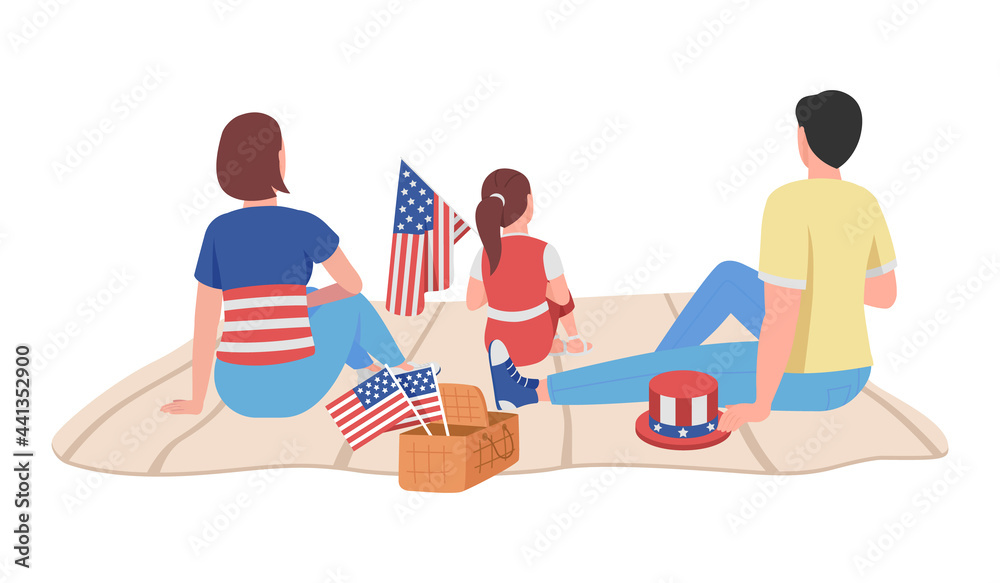 Obraz premium American family on July 4th semi flat color vector character. Sitting figures. Full body people on white. Celebration isolated modern cartoon style illustration for graphic design and animation