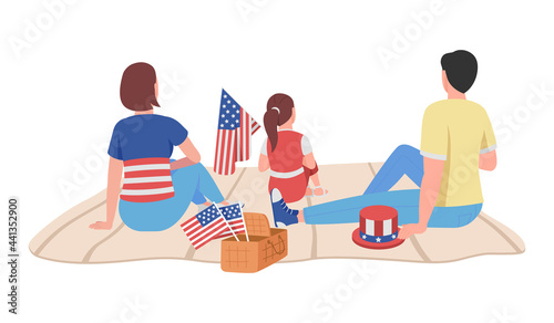 American family on July 4th semi flat color vector character. Sitting figures. Full body people on white. Celebration isolated modern cartoon style illustration for graphic design and animation