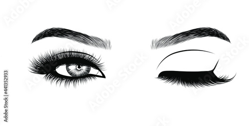 Female wink eye with Arabic makeup. Luxe eyelashes and natural detailed eyebrows