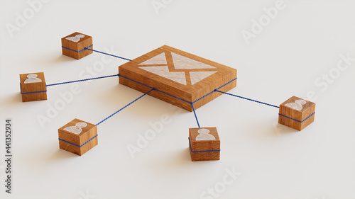 Email Technology Concept with Envelope Symbol on a Wooden Block. User Network Connections are Represented with Blue string. White background. 3D Render. photo
