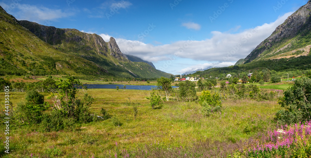 Beautiful summer landscape, green meadow in the mountains, small village on Lofoten islands in Norway