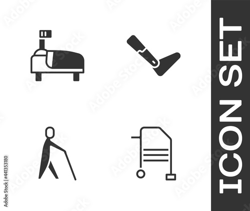 Set Walker, Hospital bed, Blind human holding stick and Prosthesis leg icon. Vector