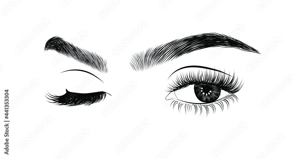 Sexy eye wink illustration isolated on white background. Detailed natural eyebrows with luxe eyelashes
