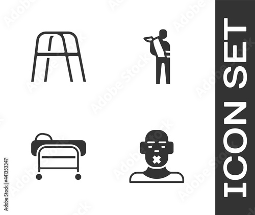 Set Head of deaf and dumb, Walker, Stretcher and Human broken arm icon. Vector