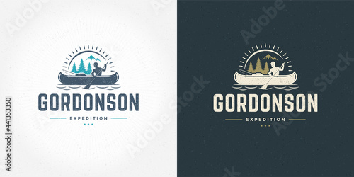 Rafting logo emblem vector illustration outdoor adventure expedition boat and man silhouettes