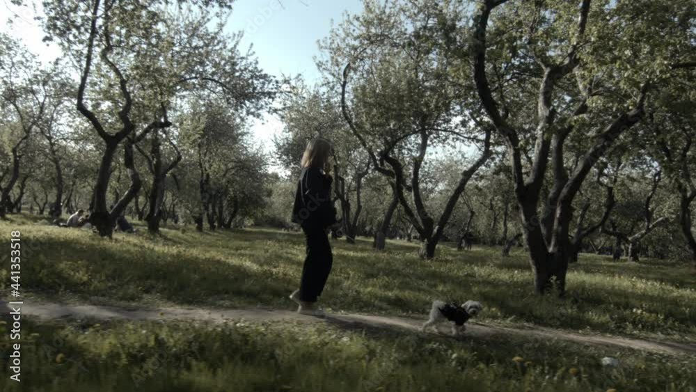 Pretty smiling caucasian woman walks in woods, looks around, enjoys the beauty of nature. Pretty smiling caucasian woman walks in woods, looks around, enjoys the beauty of nature.