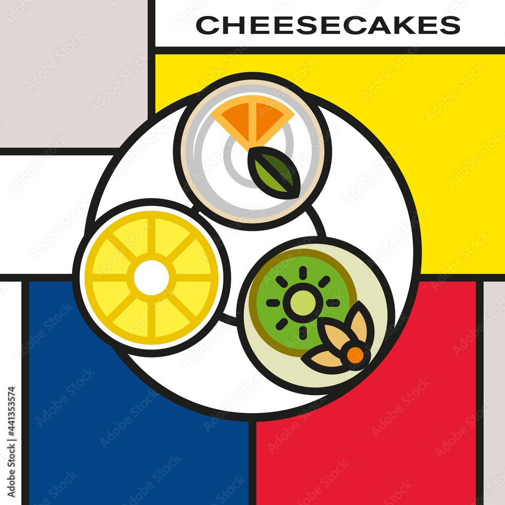 Three mini fruit cheesecakes on saucer. Pineapple cheesecake. Orange mint cheesecake with whipped cream. Kiwi cheesecake with physalis. Modern style art with rectangular color blocks. Piet Mondrian st