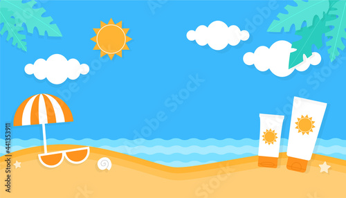 Summer beach travel background. Sunny seashore sand beach with sun protective umbrella, sunglasses and sunblock cream tubes. Summer vacation on sea, palm leaves paradise postcard with space for text