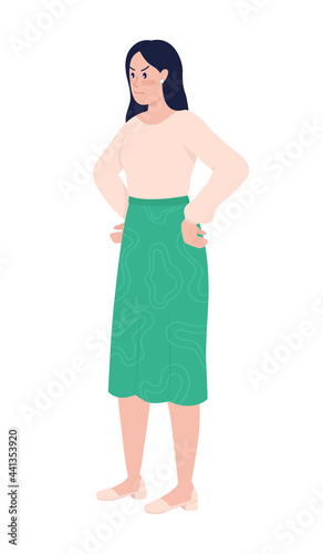 Upset irritated woman semi flat color vector character. Standing figure. Full body person on white. Problems and stress isolated modern cartoon style illustration for graphic design and animation