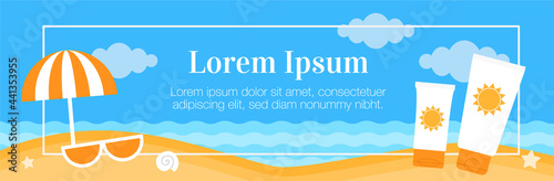 Summer beach travel web banner. Sea shore beach with sun protective umbrella, sunglasses and sunscreen cosmetic cream bottles. Bright colorful sunny summer beach design. Vector banner illustration.