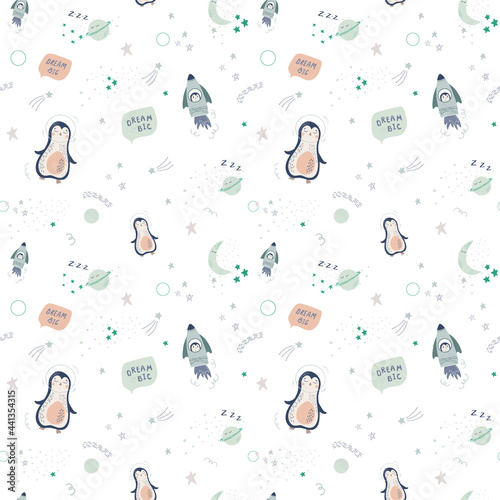 Cute baby space vector seamless pattern with penguins, stars, rockets and planets. Vector illustration in simple hand drawn Scandinavian style. Best for baby nursery, clothes, baby shower decor.