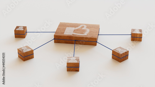 Social Media Technology Concept with like Symbol on a Wooden Block. User Network Connections are Represented with Blue string. White background. 3D Render. photo